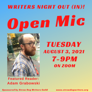 Writers Night Out flyer for August 2021